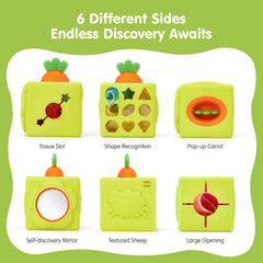 Hahaland 6-in-1 Montessori activity cube encourages fine motor skills and sensory exploration.