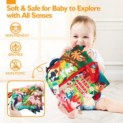 Hahaland fabric book with colors and animals supports simple word recognition and observation.