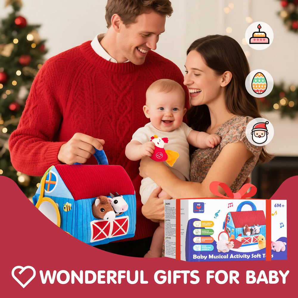 Hahaland baby-safe plush animals with stitched details for gentle tactile exploration.