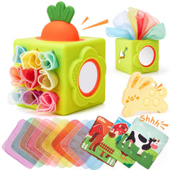 Hahaland baby tissue box toy close-up showing soft silicone pull action for independent play.