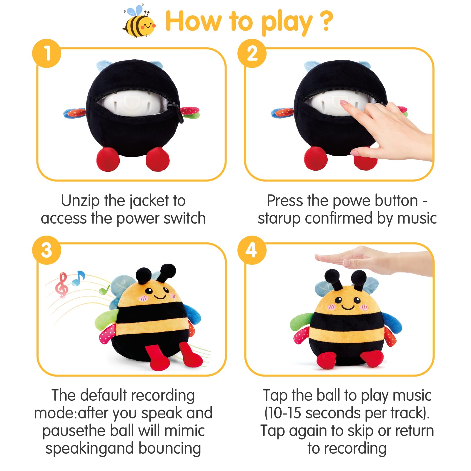 Hahaland tummy-time bee toy promotes movement and coordination.
