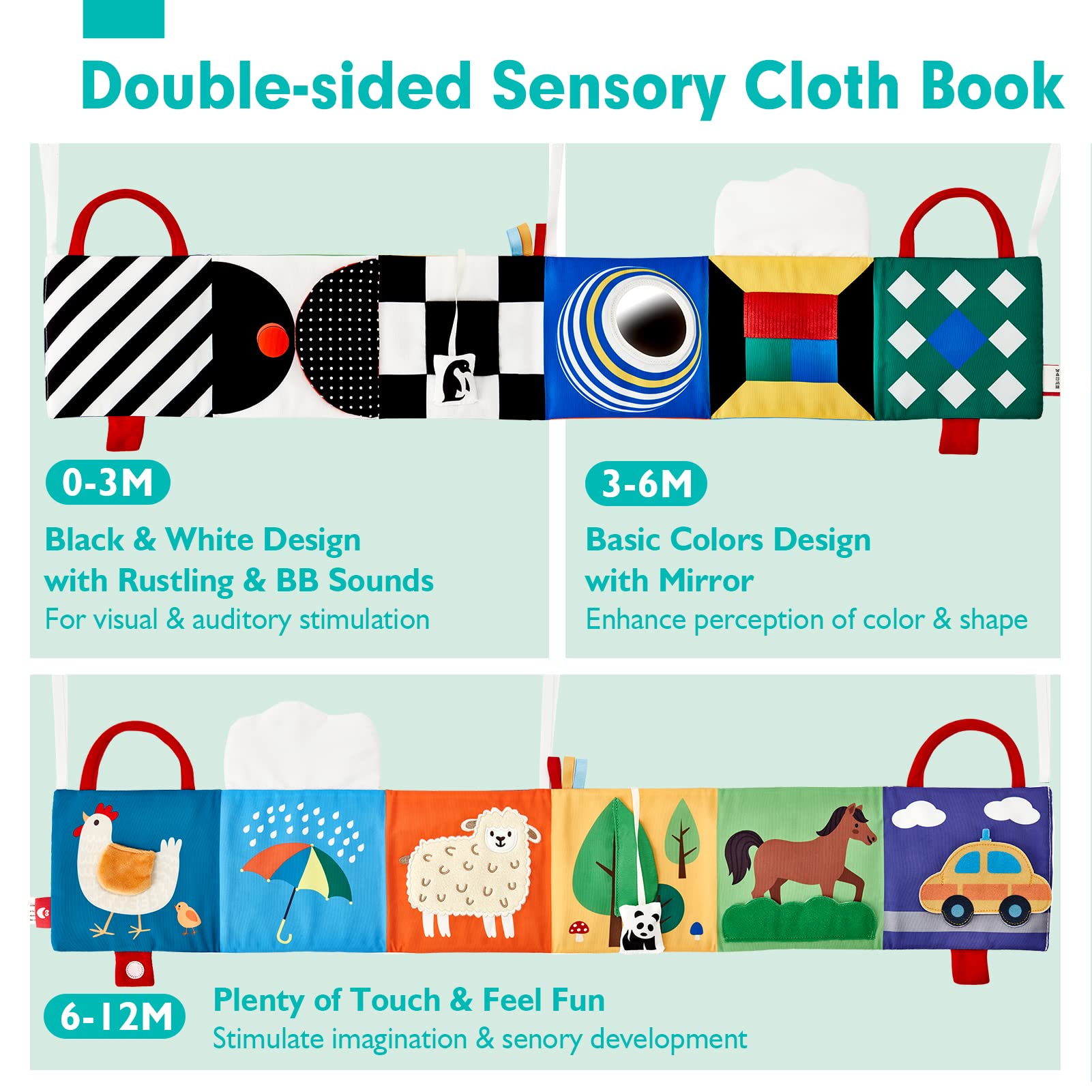 Hahaland crinkle pages and squeaky sounds engage sensory exploration for early learning.