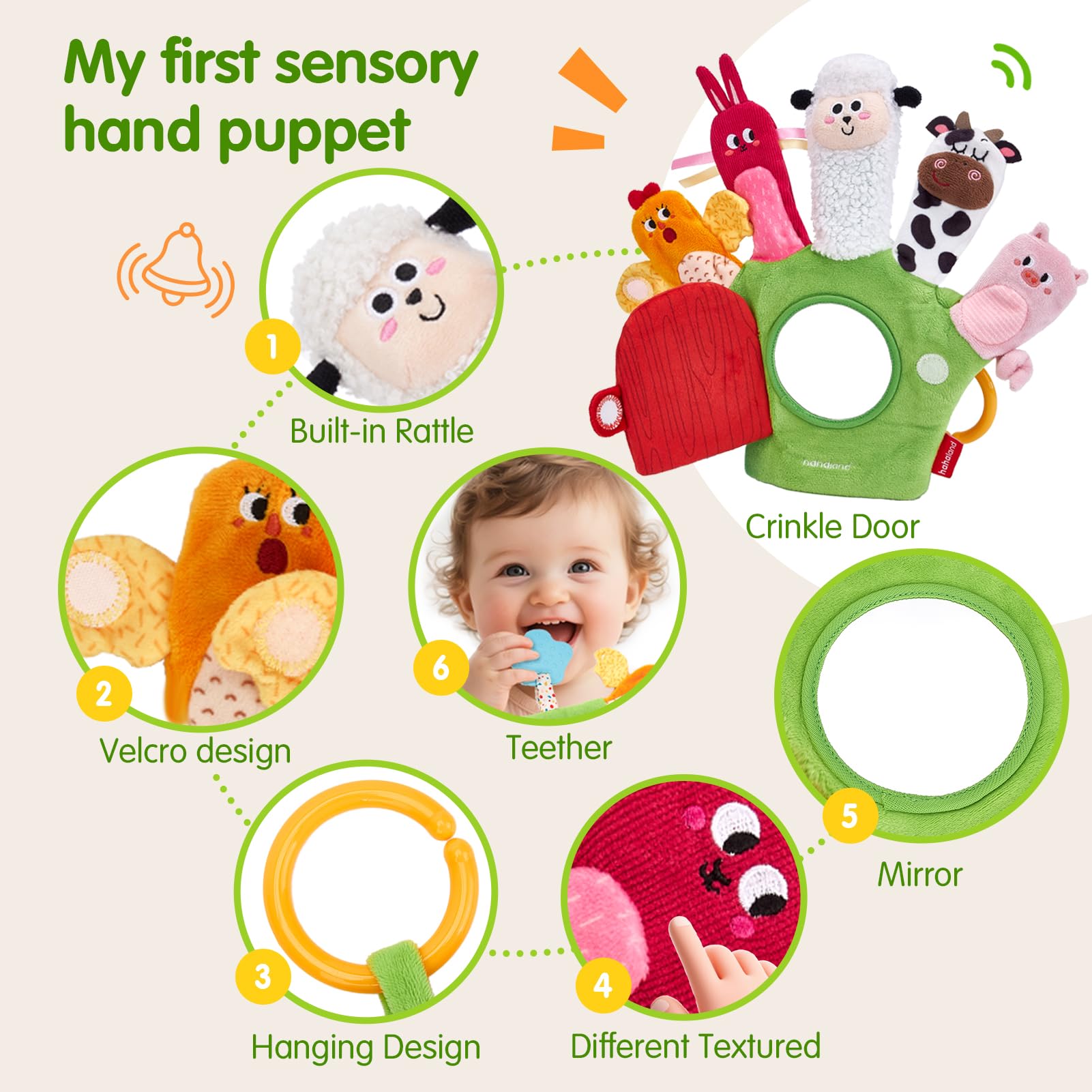 Hahaland barn-door crinkle feature enhances auditory stimulation during play.