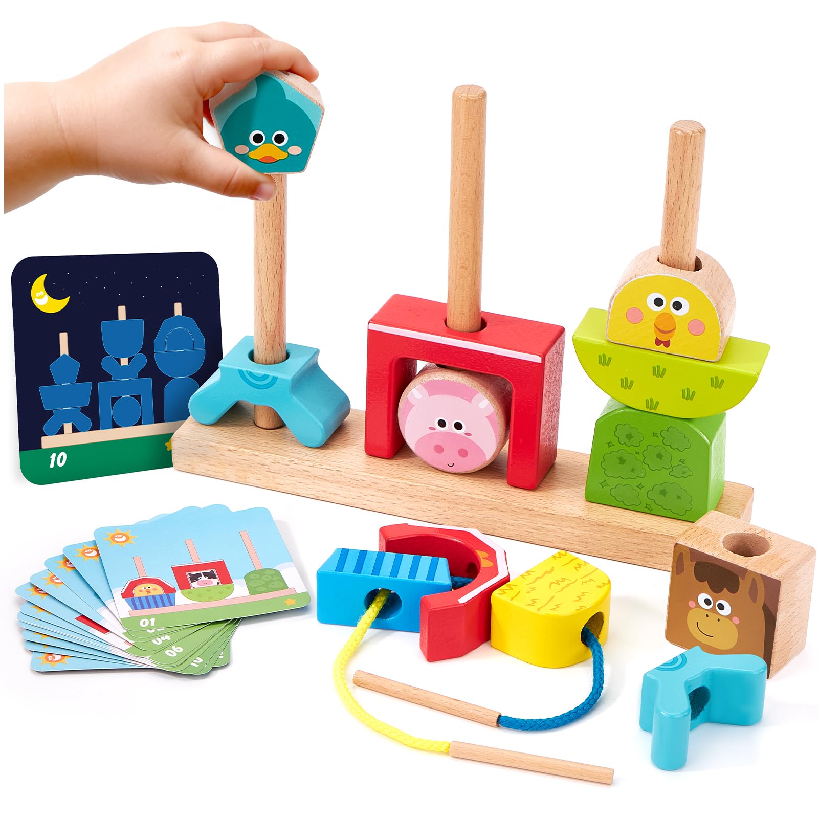 Hahaland Montessori wooden base and blocks for hands-on pattern building.