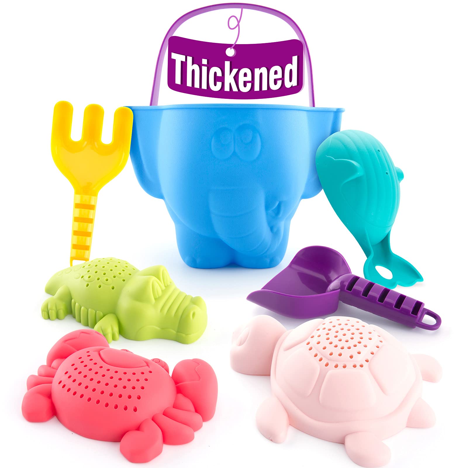 Hahaland elephant bucket lets toddlers scoop sand with a secure grip.
