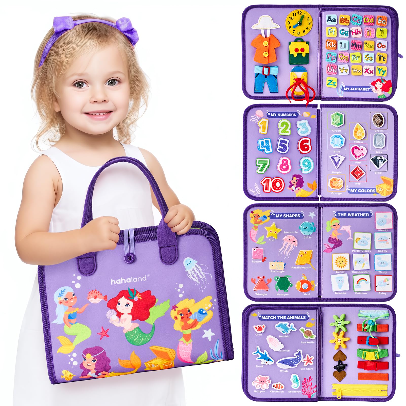 Hahaland Busy Board life-skills area helps toddlers practice buckles and dressing on the go.