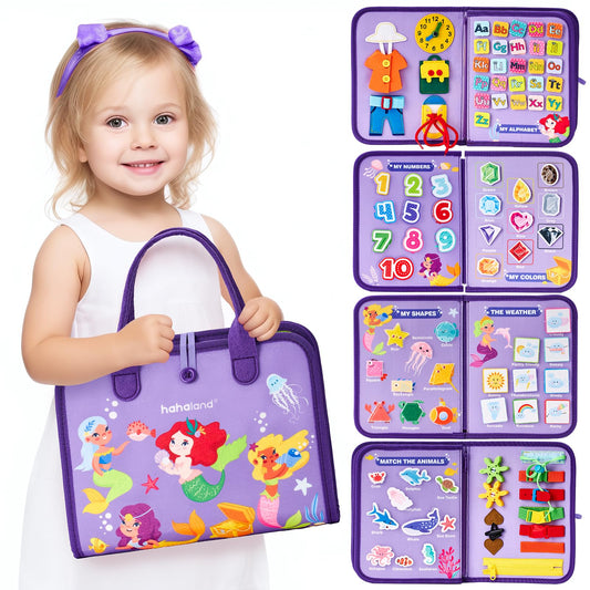 Hahaland Busy Board life-skills area helps toddlers practice buckles and dressing on the go.