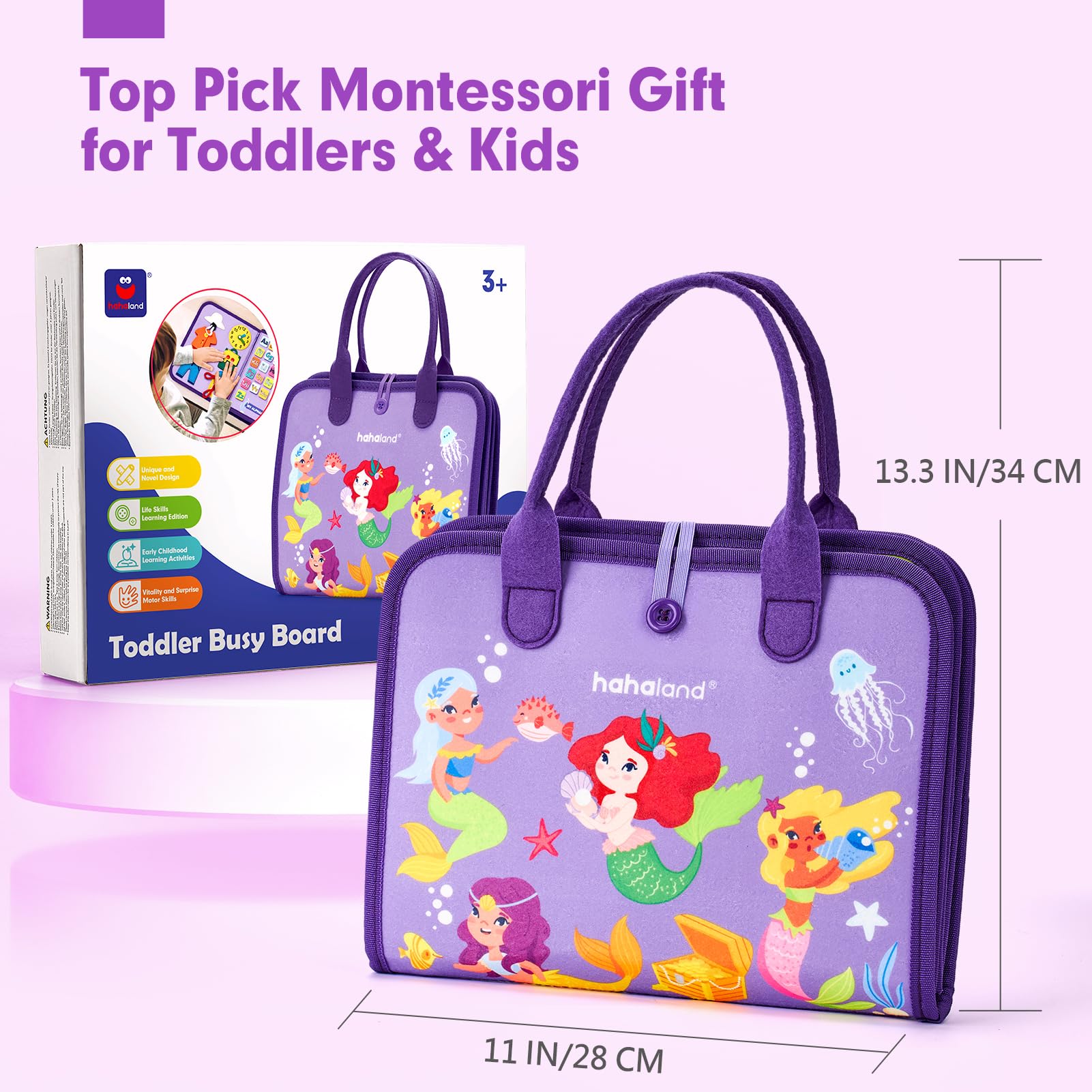 Hahaland Busy Board compact size fits diaper bags for travel learning.