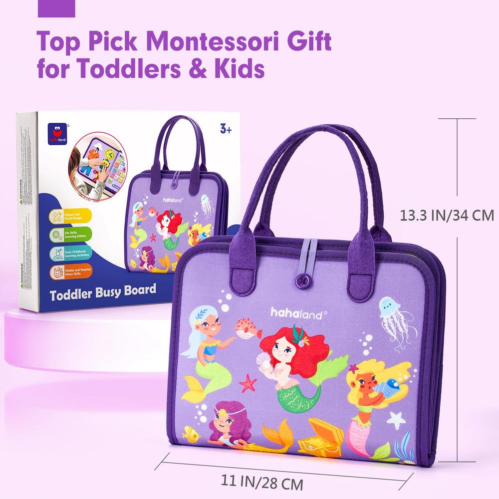 Hahaland Busy Board compact size fits diaper bags for travel learning.