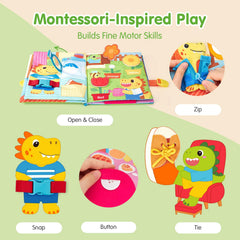 Hahaland Busy Book for Toddlers buttoning panel supports hand-eye coordination through practical dress-up tasks.