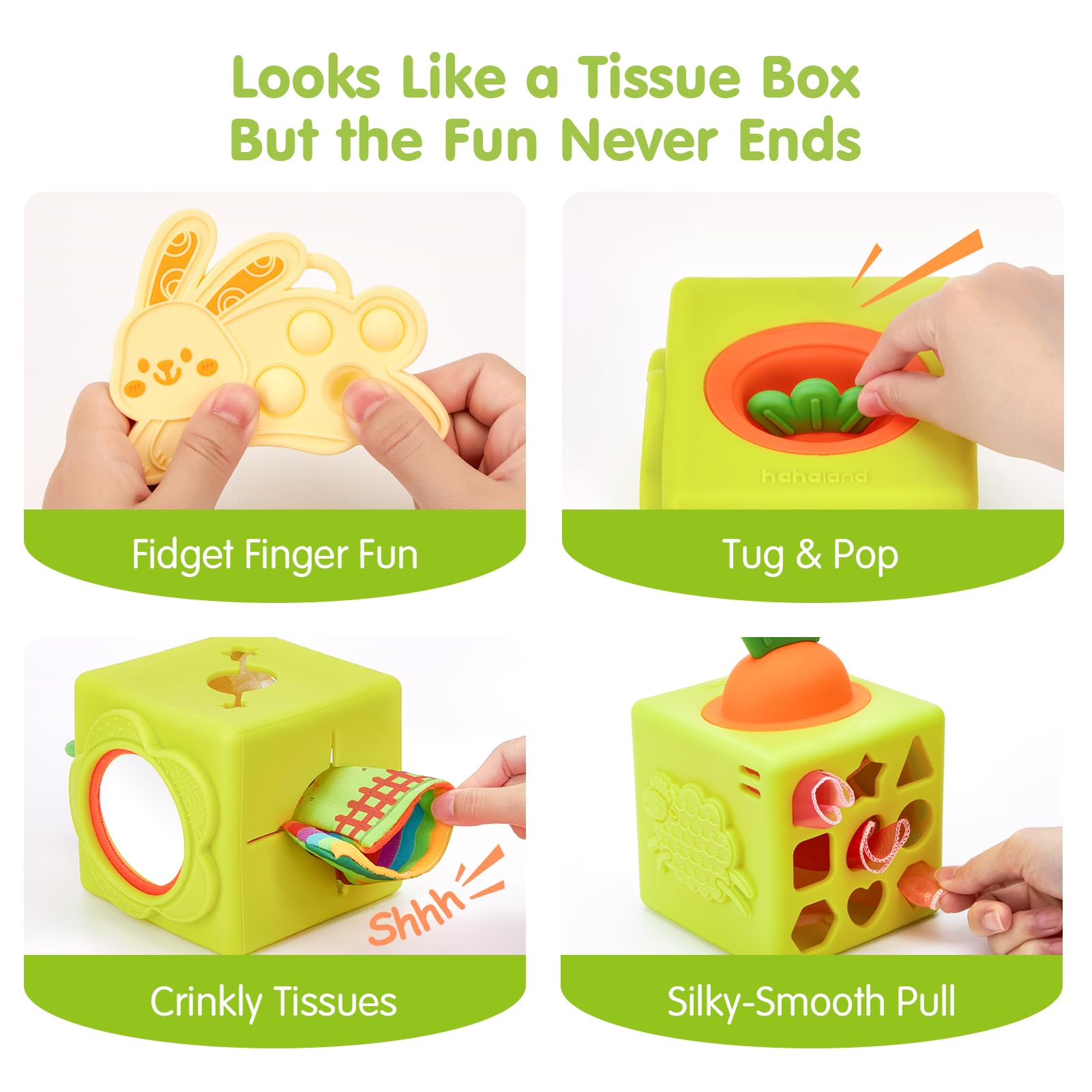 Hahaland colorful scarves arranged inside the tissue box promote tactile play.