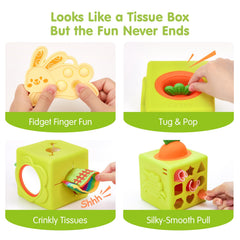 Hahaland colorful scarves arranged inside the tissue box promote tactile play.