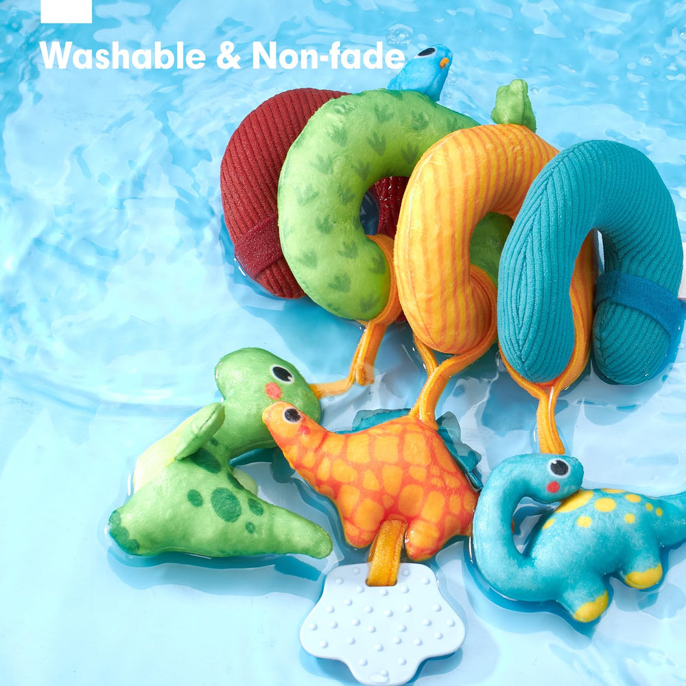 Hahaland dinosaur-toy-mirror reflects baby's expressions for visual tracking.