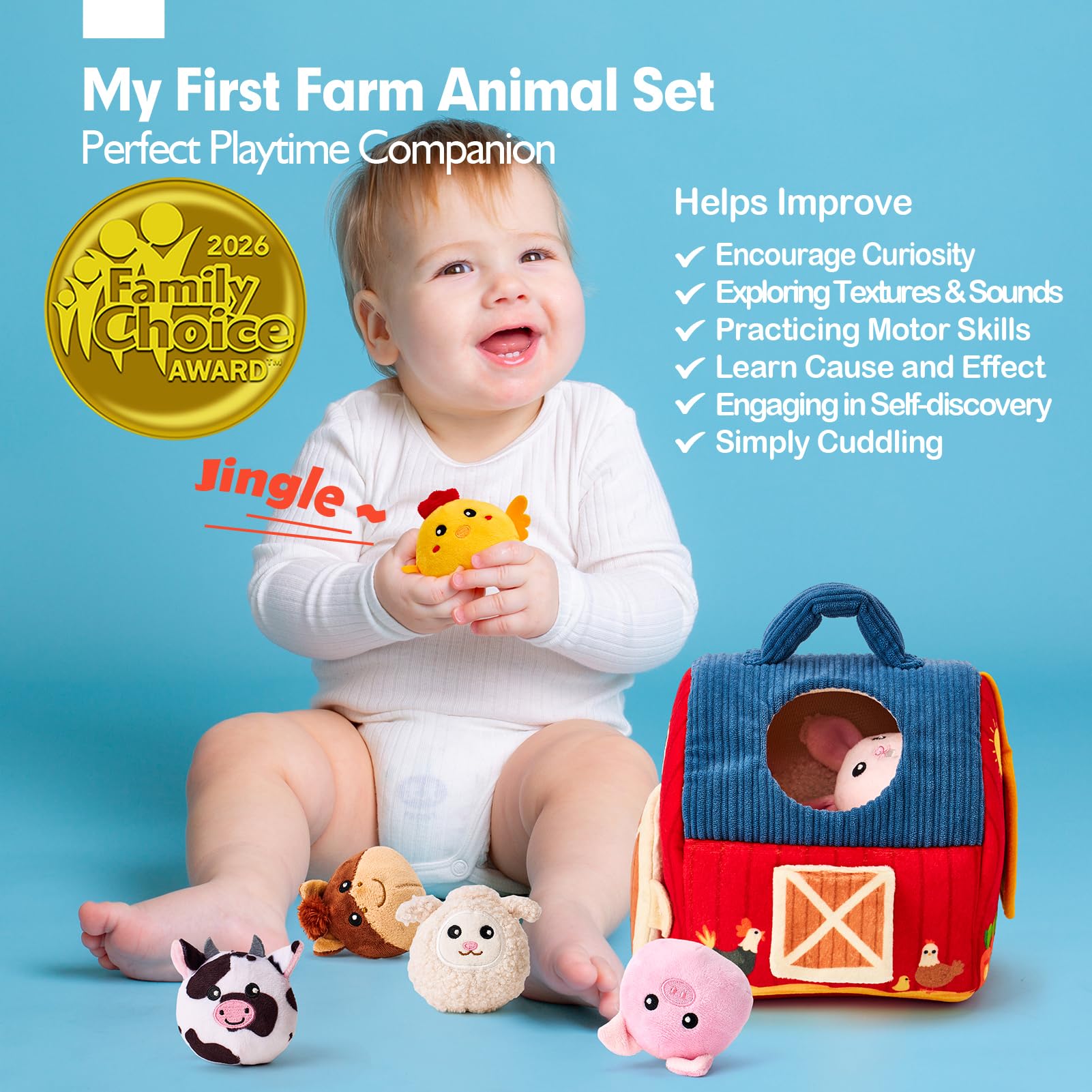 hahaland Farm animal rattle toy engages baby's senses during play