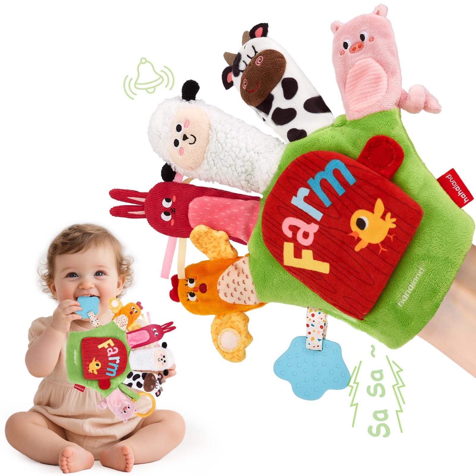 Hahaland farm puppet set promotes multisensory exploration and early skills.