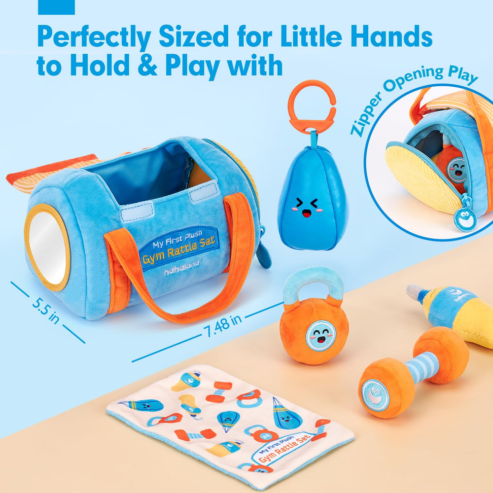 Hahaland hanging punching bag rattle encourages grasping during active play
