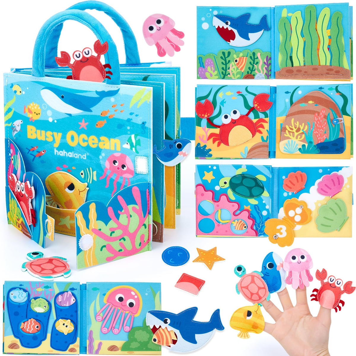 Hahaland Ocean Busy Book crab pinchers promote fine motor skills during travel play