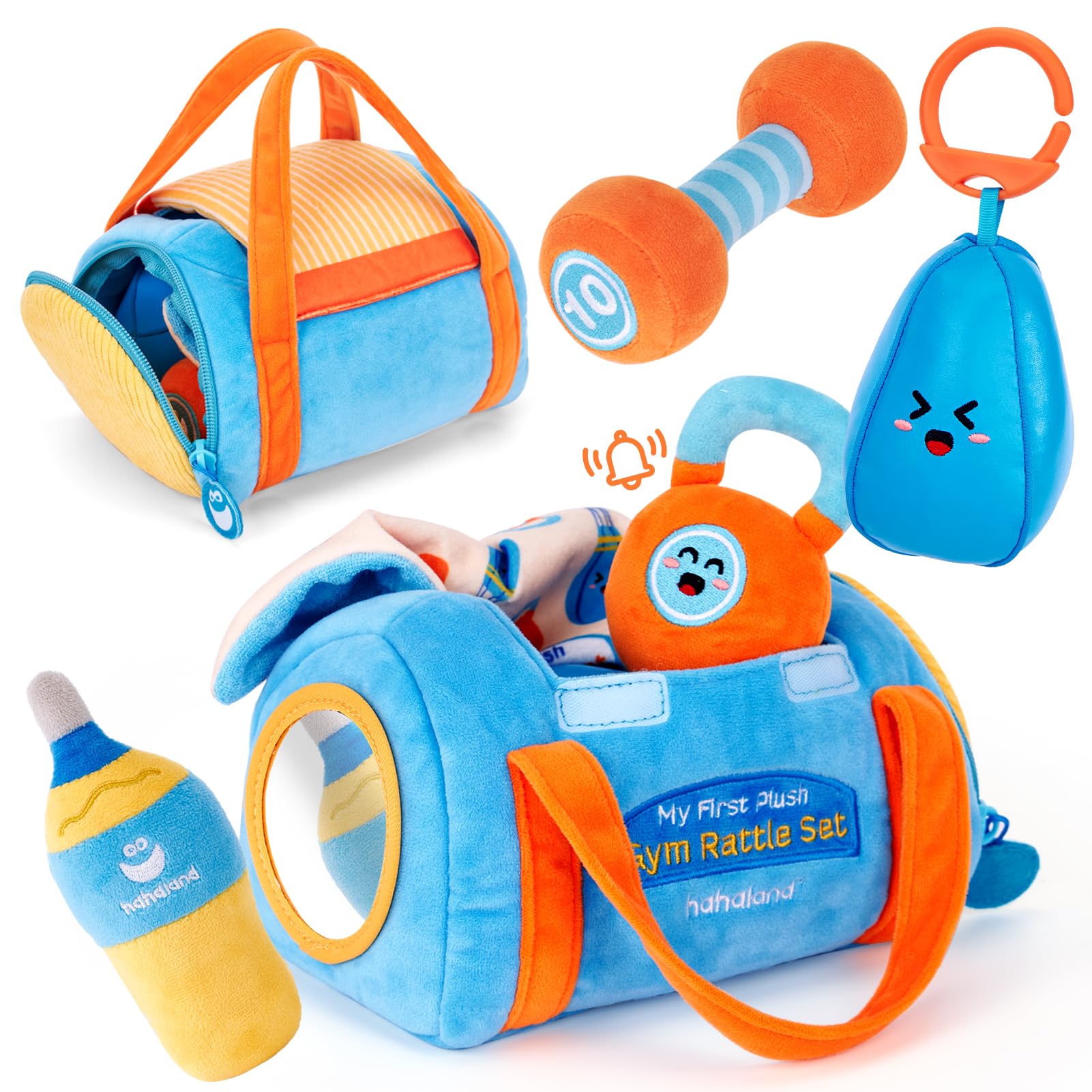 Hahaland plush dumbbell toy for tummy time and grip practice