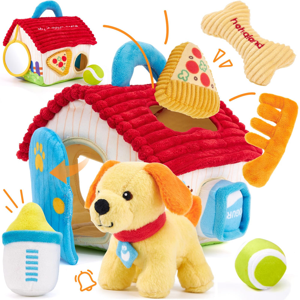 Hahaland puppy house with sensory toys encourages imaginative play and fine motor exploration.