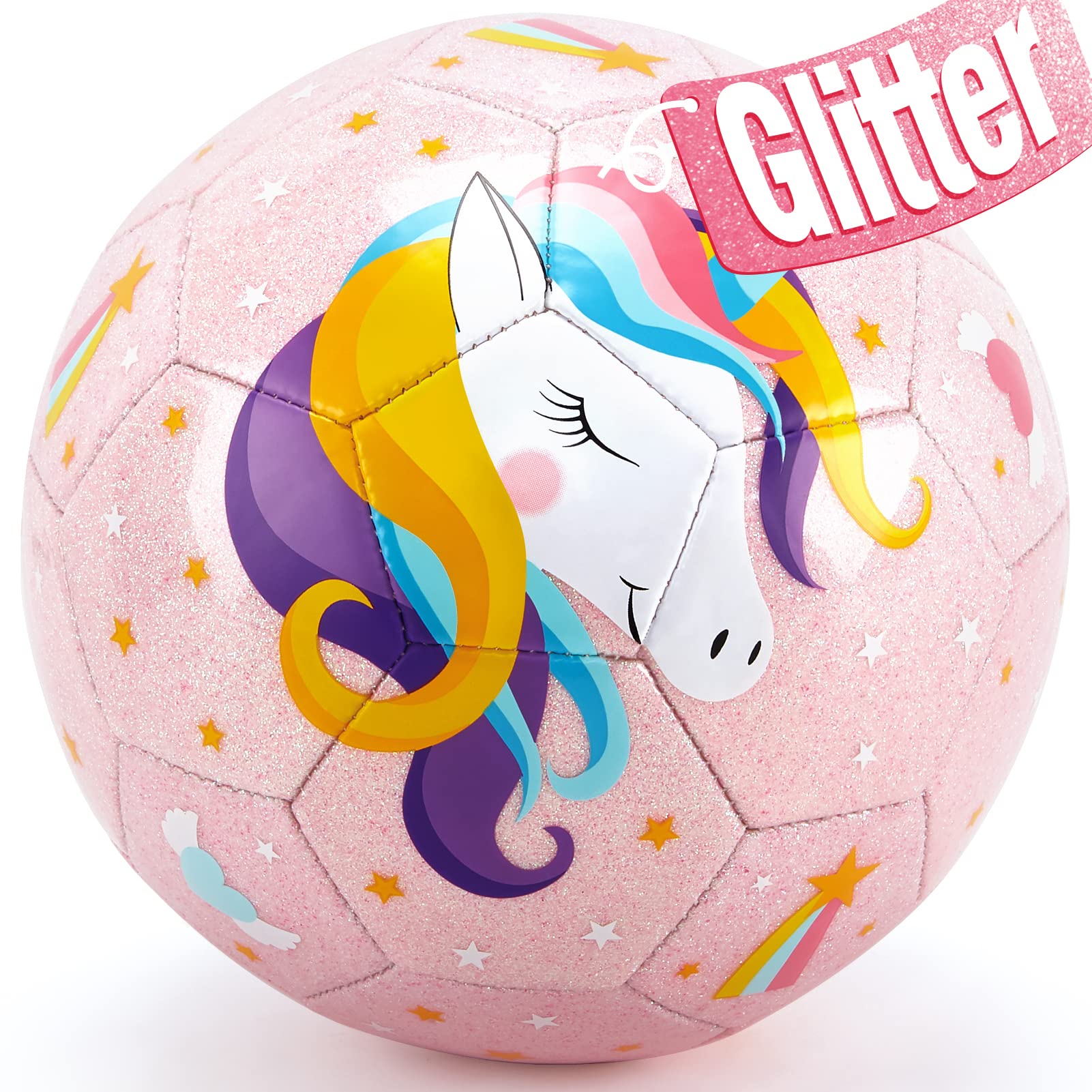 Hahaland Size 3 soccer ball with glitter unicorns, ideal for beginner kids and high visibility on grass