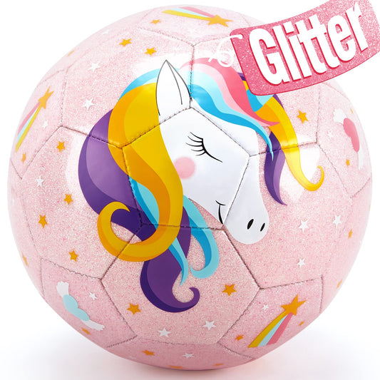 Hahaland Size 3 soccer ball with glitter unicorns, ideal for beginner kids and high visibility on grass