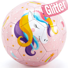 Hahaland Size 3 soccer ball with glitter unicorns, ideal for beginner kids and high visibility on grass