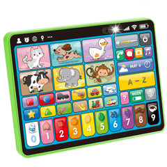 Hahaland toddler tablet with animal icons boosts early vocabulary through interactive play.