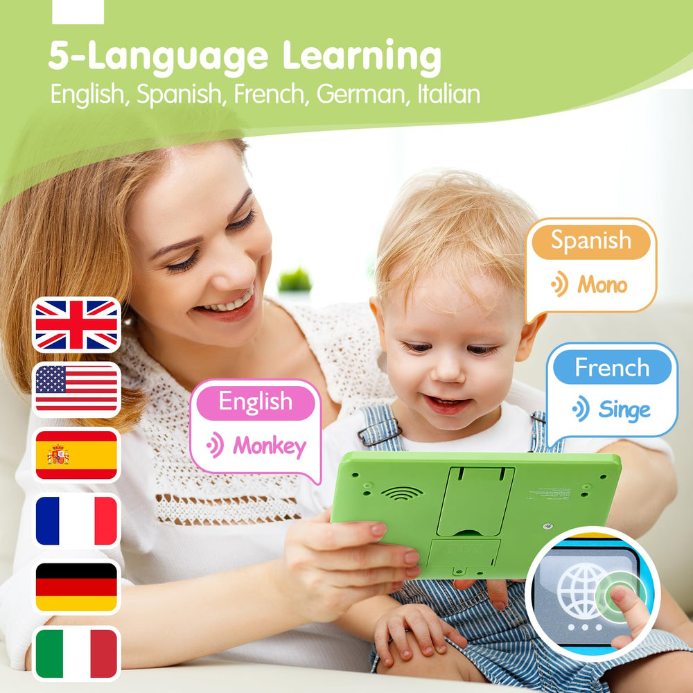Hahaland tablet includes letters and numbers to support early literacy and numeracy.