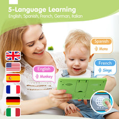 Hahaland tablet includes letters and numbers to support early literacy and numeracy.