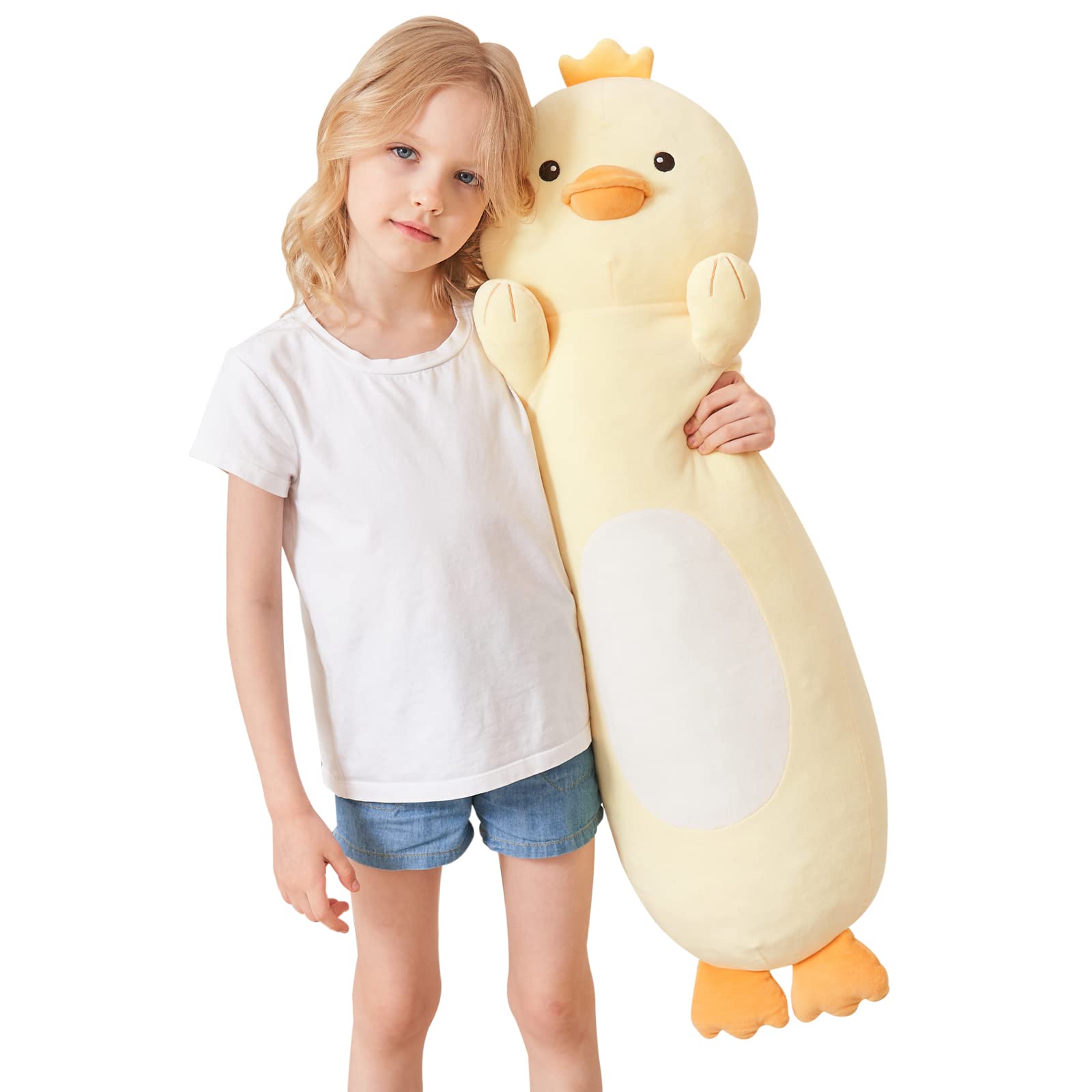 HAIJUNYA 36-inch duck plush body pillow provides cozy sofa lounging support.
