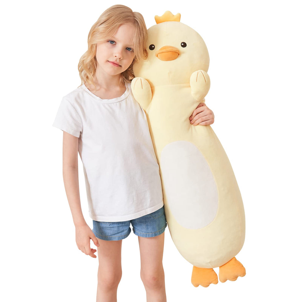 HAIJUNYA 36-inch duck plush body pillow provides cozy sofa lounging support.
