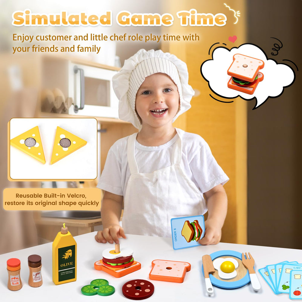 HAIMST wooden play food cheese and eggs for interactive pretend cooking.