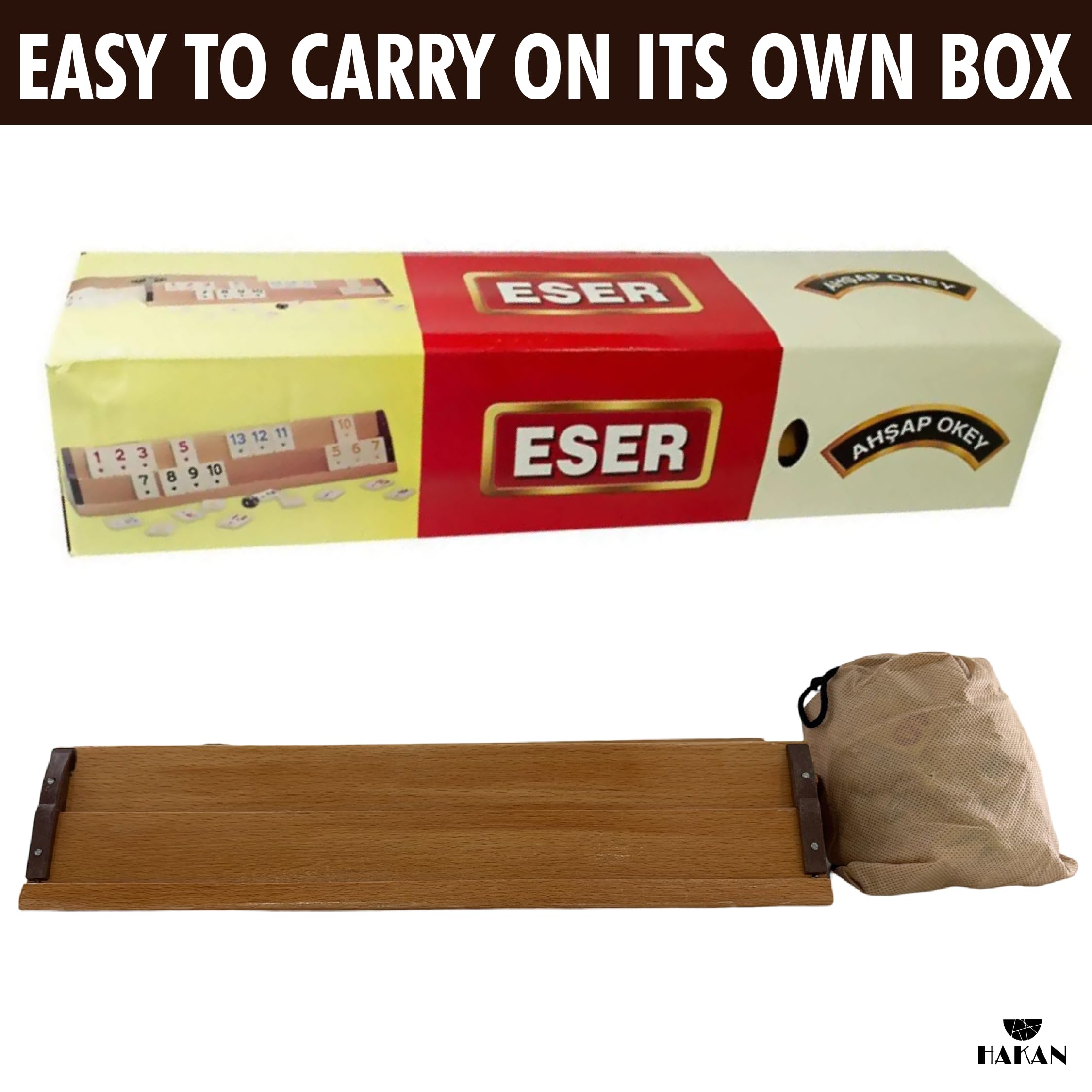 Hakan Okey tile pouch keeps pieces tidy for travel and storage.
