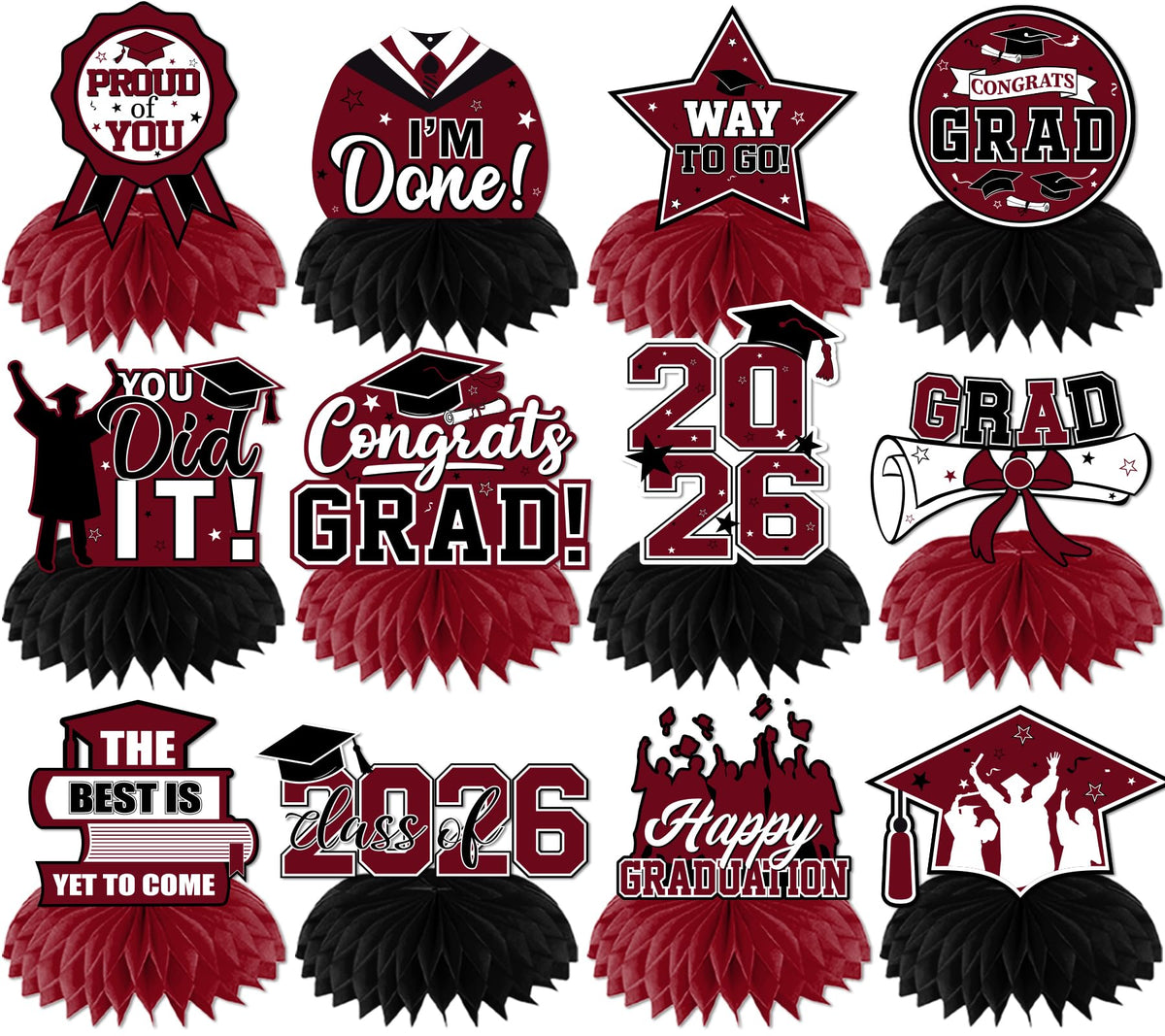 HAKOTI 12Pcs maroon graduation centerpieces with class of 2026 create eye-catching table decor.