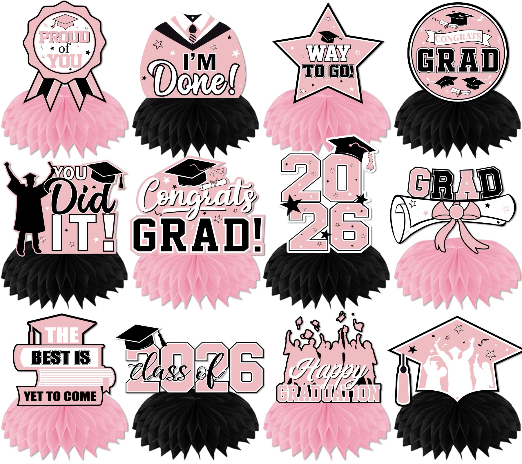 HAKOTI 12-pack pink graduation centerpieces with honeycomb design for class of 2026 tables.