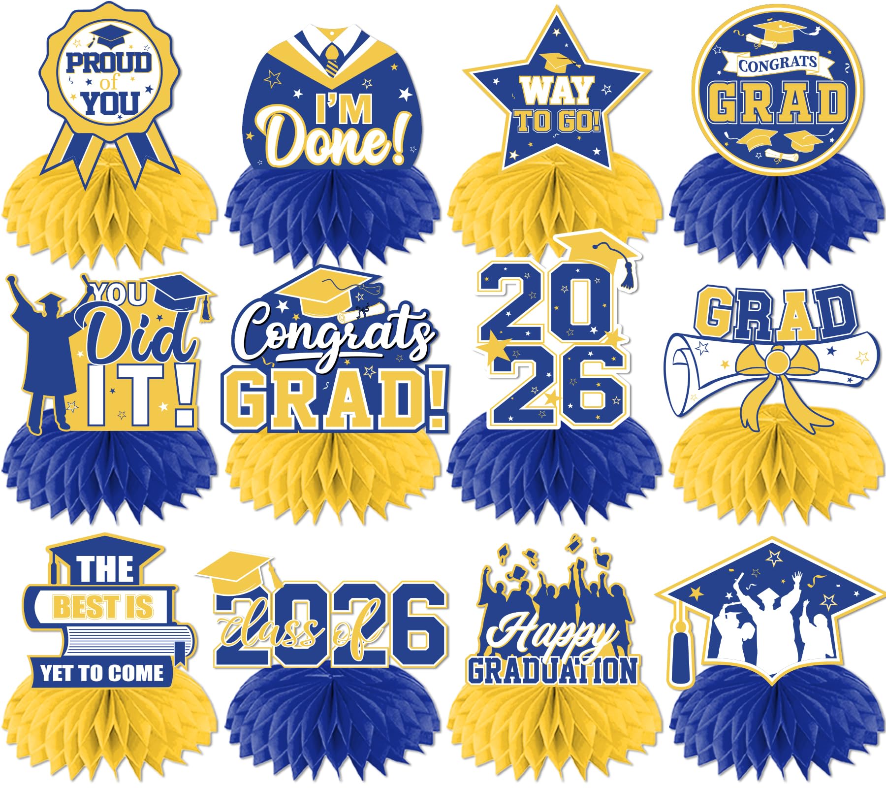 HAKOTI 12-piece yellow and blue graduation centerpieces with honeycomb brighten tables.