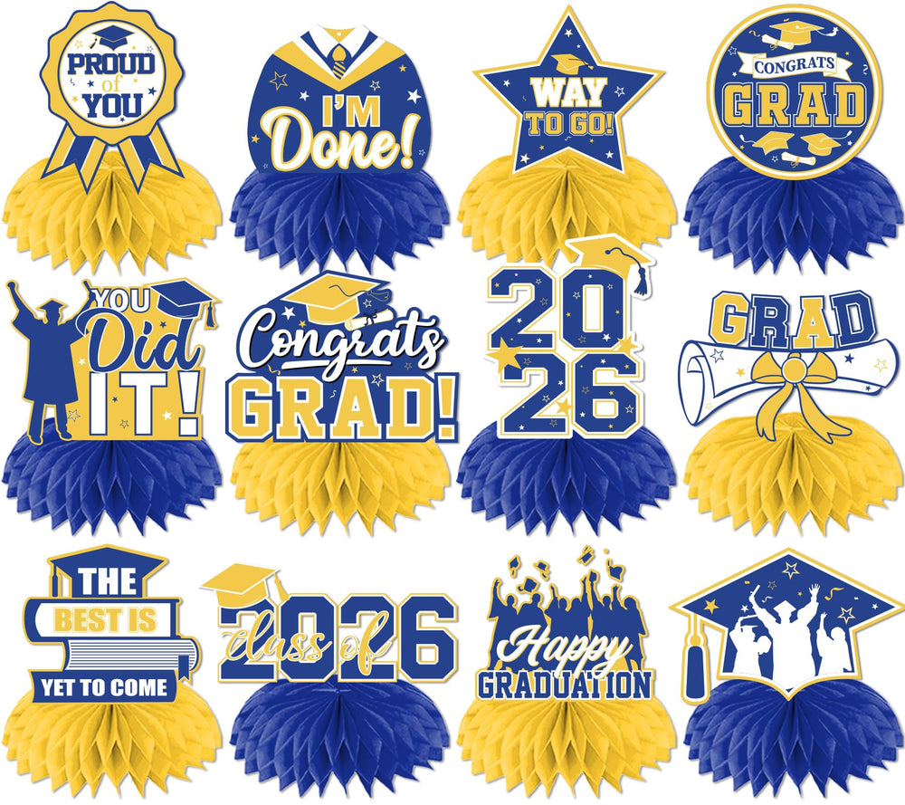 HAKOTI 12-piece yellow and blue graduation centerpieces with honeycomb brighten tables.