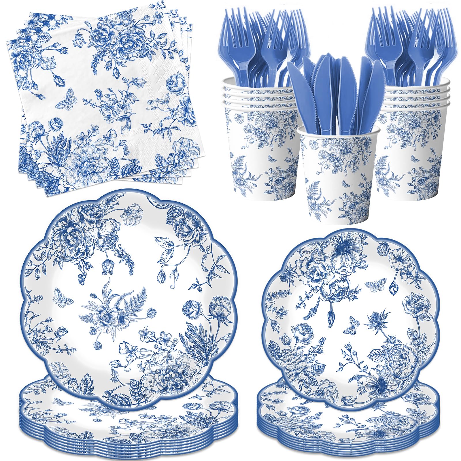 HAKOTI blue floral plates 9-inch scalloped edge for elegant wedding dining.