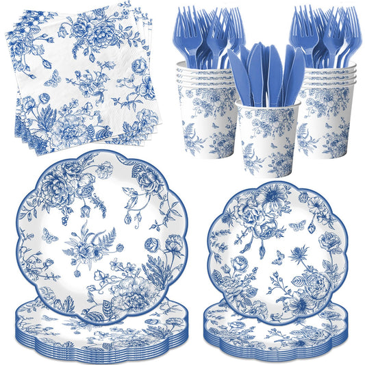 HAKOTI blue floral plates 9-inch scalloped edge for elegant wedding dining.