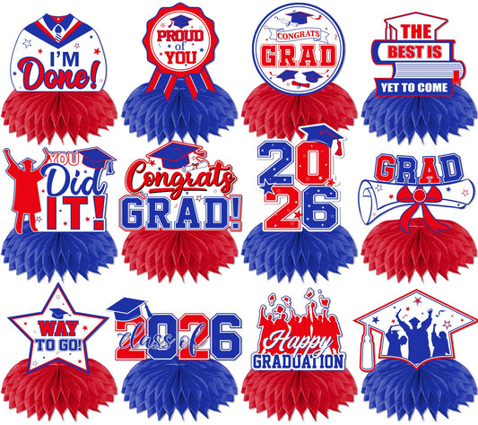 HAKOTI Class of 2026 blue-red honeycomb centerpiece with cap and diploma for festive tables.