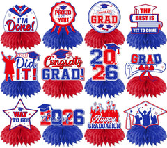 HAKOTI Class of 2026 blue-red honeycomb centerpiece with cap and diploma for festive tables.