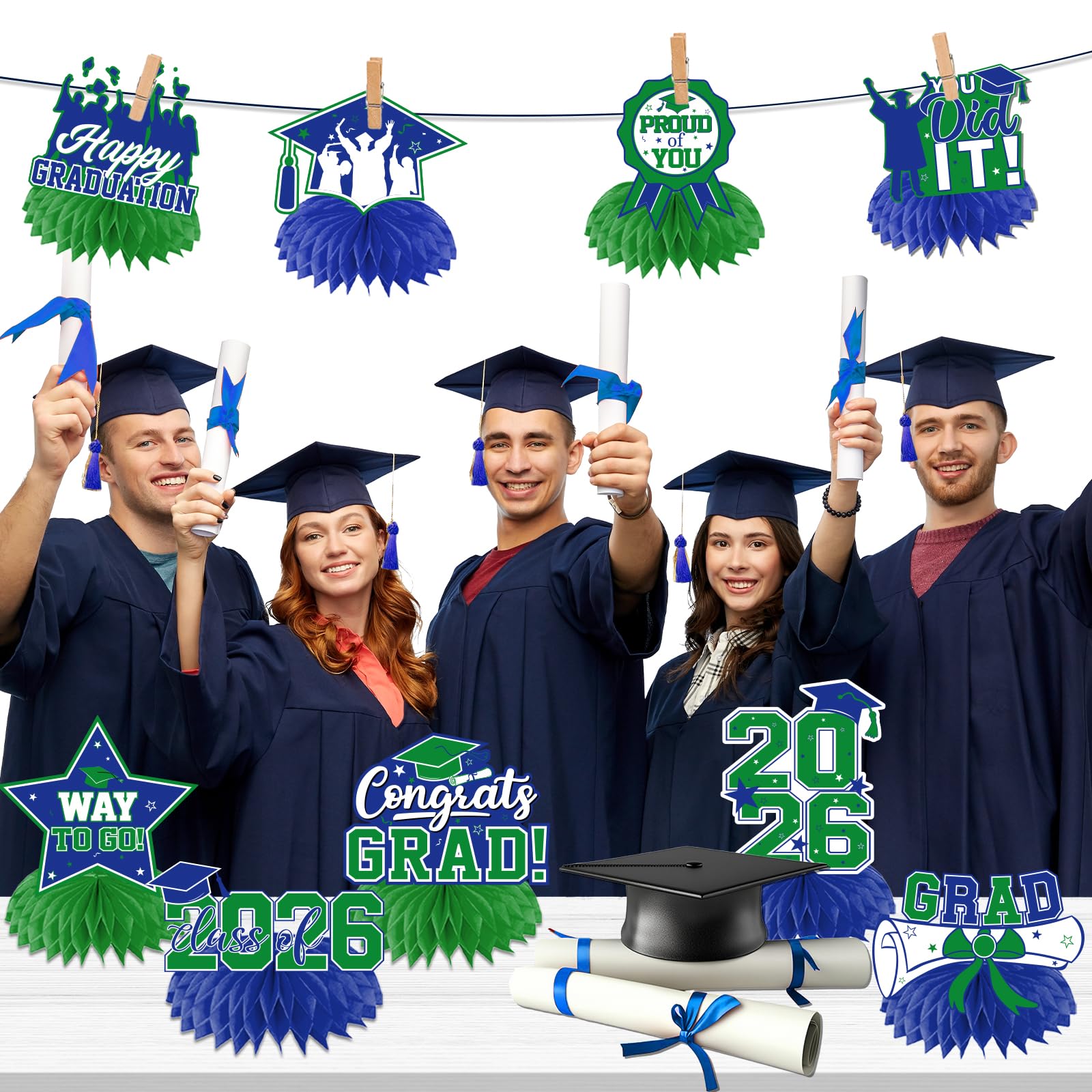 HAKOTI green-blue graduation centerpiece featuring honeycomb design for durable, eye-catching decor.