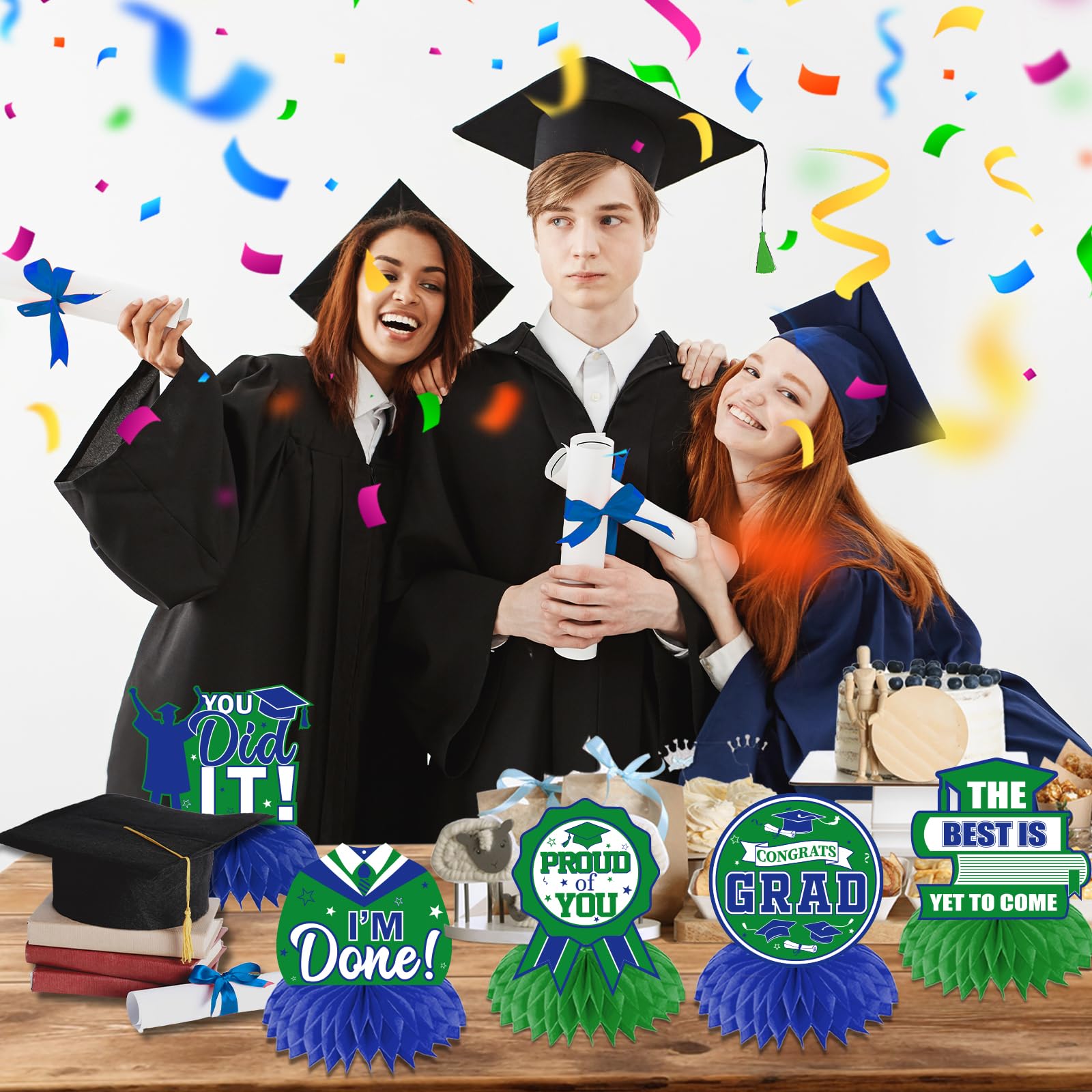 HAKOTI green and blue graduation decorations create vibrant party atmosphere and memorable selfies.
