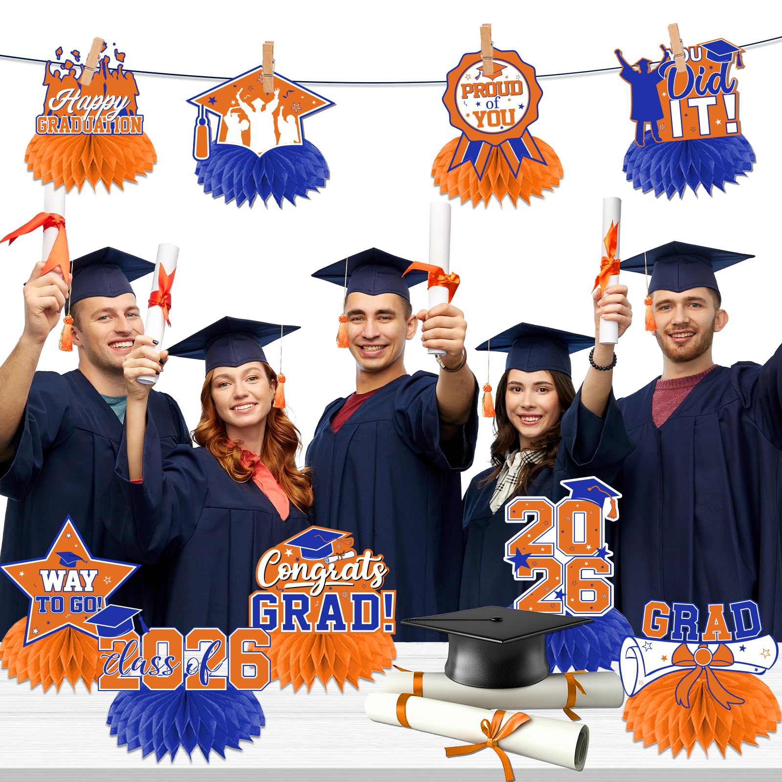 HAKOTI orange-blue diplomas centerpiece boosts photo-worthy graduation memories.