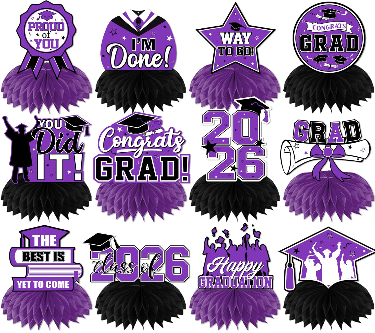HAKOTI purple graduation centerpiece with honeycomb design for a striking class of 2026 table focal point