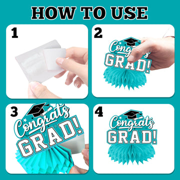 HAKOTI teal bachelor cap and stars accents on centerpieces enhance celebration visuals.