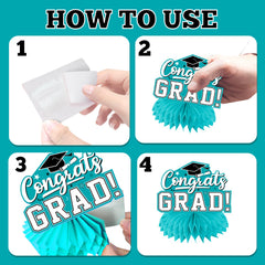 HAKOTI teal bachelor cap and stars accents on centerpieces enhance celebration visuals.