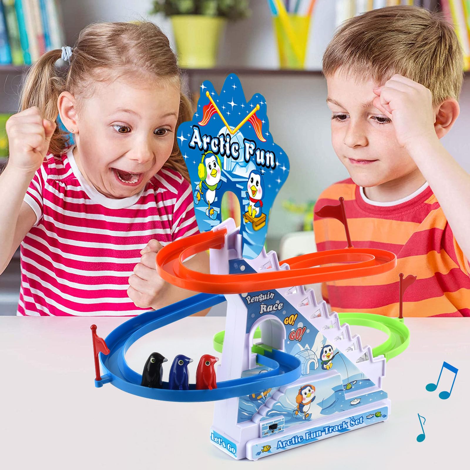 Haktoys penguin slide set music on/off switch for quiet or lively sessions