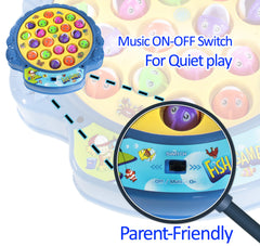 Haktoys Fishing Game music on/off switch offers quiet play options.