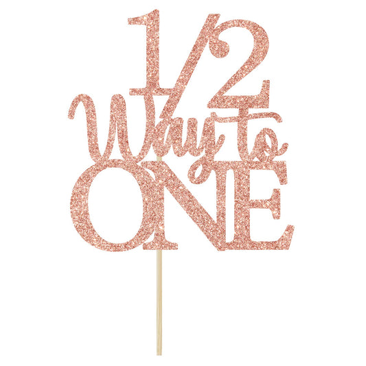 1/2 Way to One cake topper rose gold glitter closeup adds sparkle